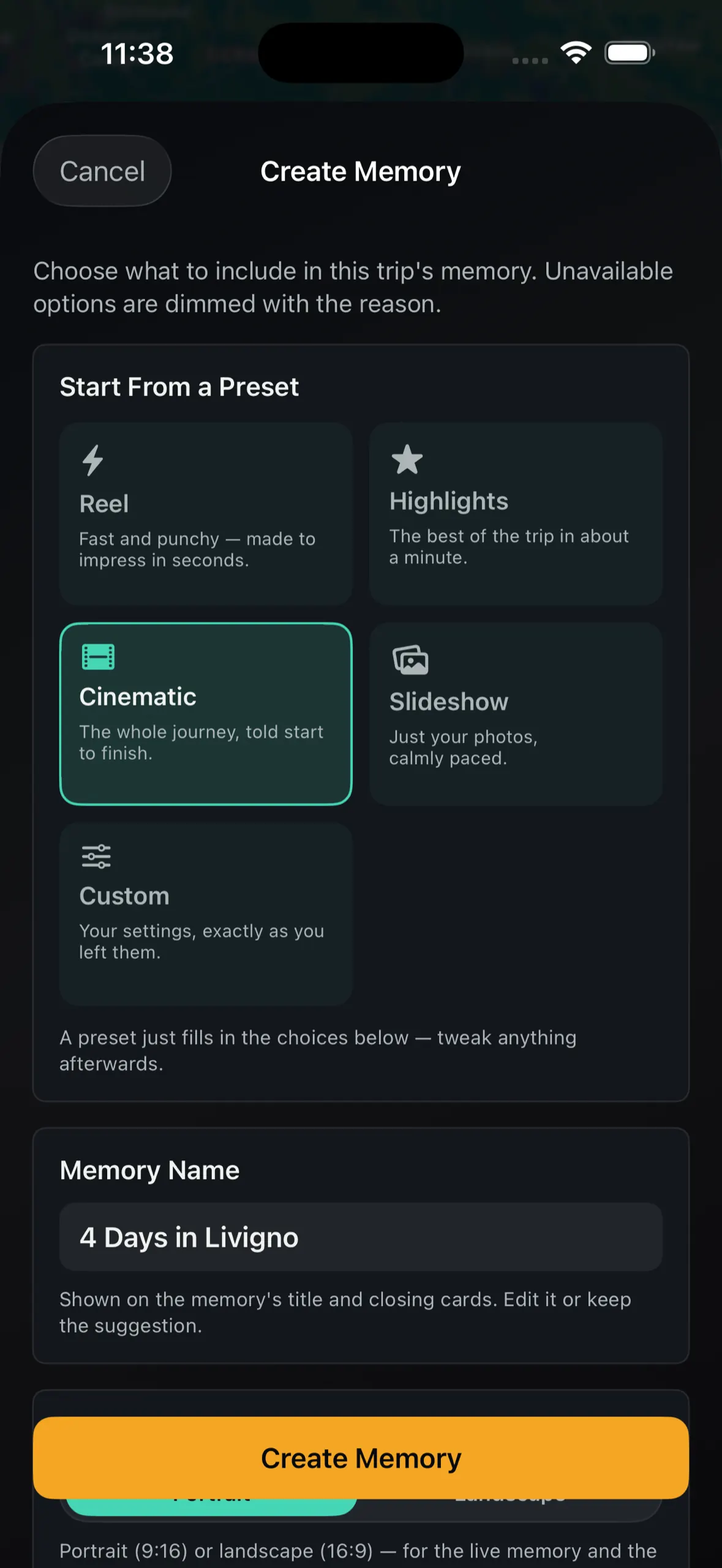 Create Memory sheet — presets Reel, Highlights, Cinematic, Slideshow, and Custom, with the memory named 4 Days in Livigno