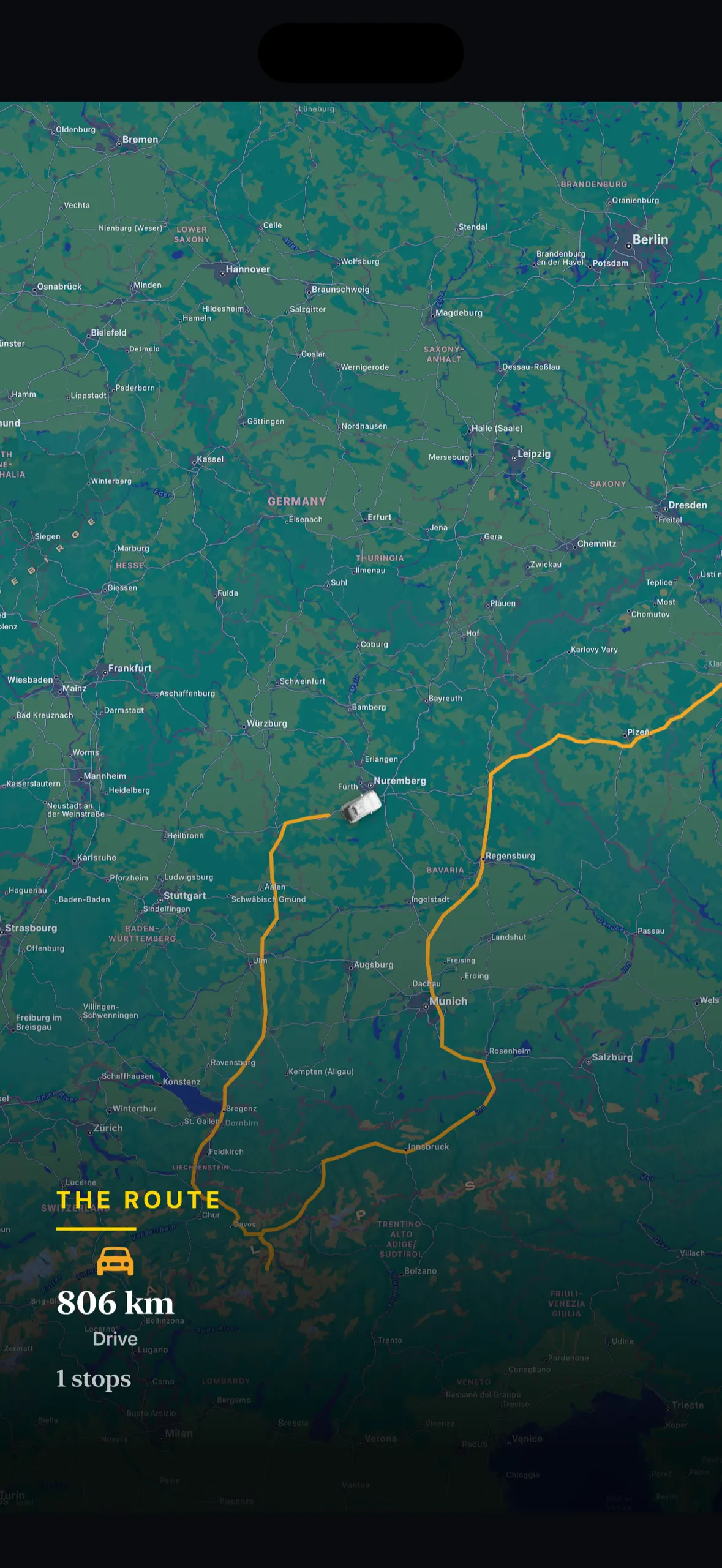 Memory playback — a car sprite tracing the driven route live across a map of Germany, 806 km counted so far