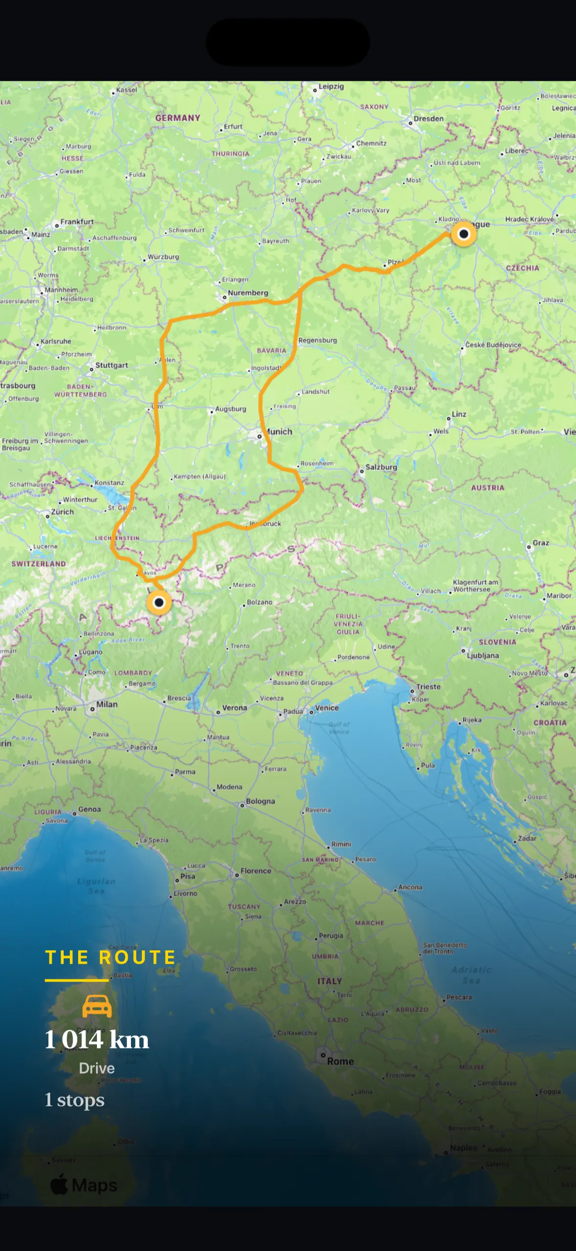 Memory playback — closing overview of the whole route from Prague to Livigno, 1,014 km driven