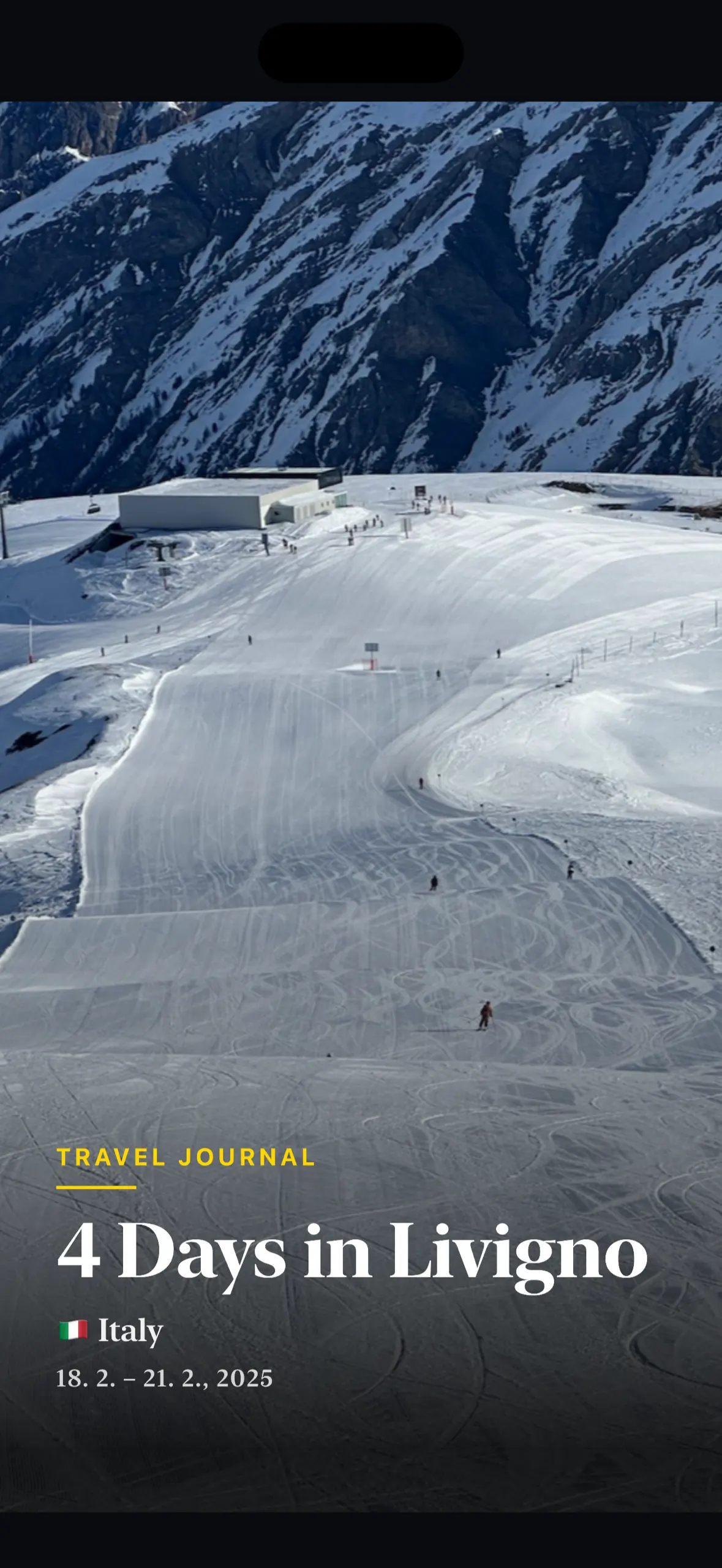 Memory playback — title card reading Travel Journal, 4 Days in Livigno, Italy, over a snowy ski slope