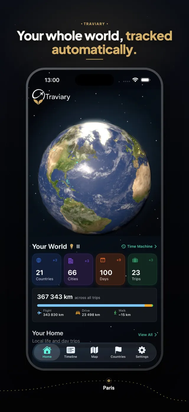 Your whole world tracked automatically — countries, cities, days, and distance