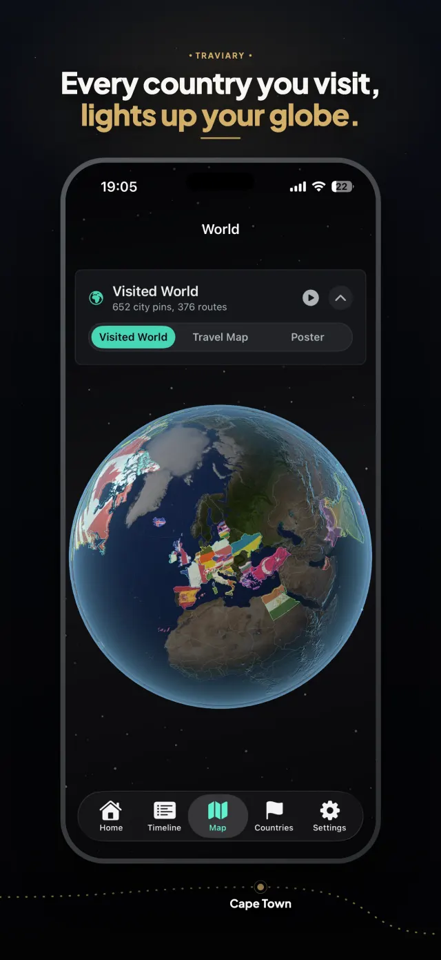 Every country you visit lights up your 3D globe