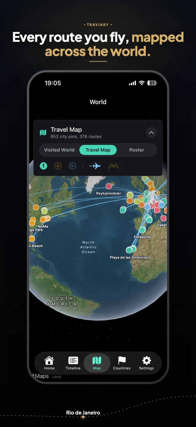 Your travel routes drawn across the map