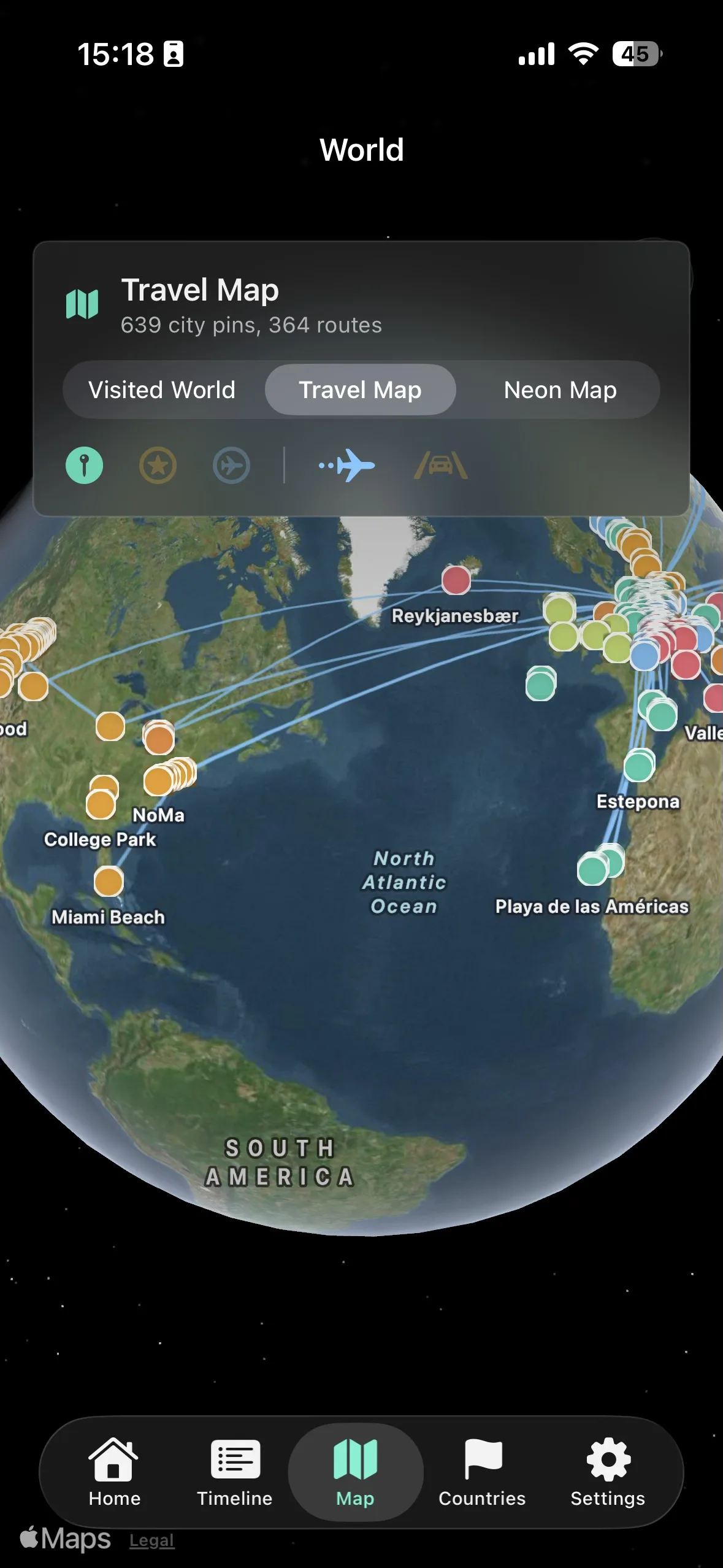 Travel Map — City pins across North America, Europe, and the Mediterranean