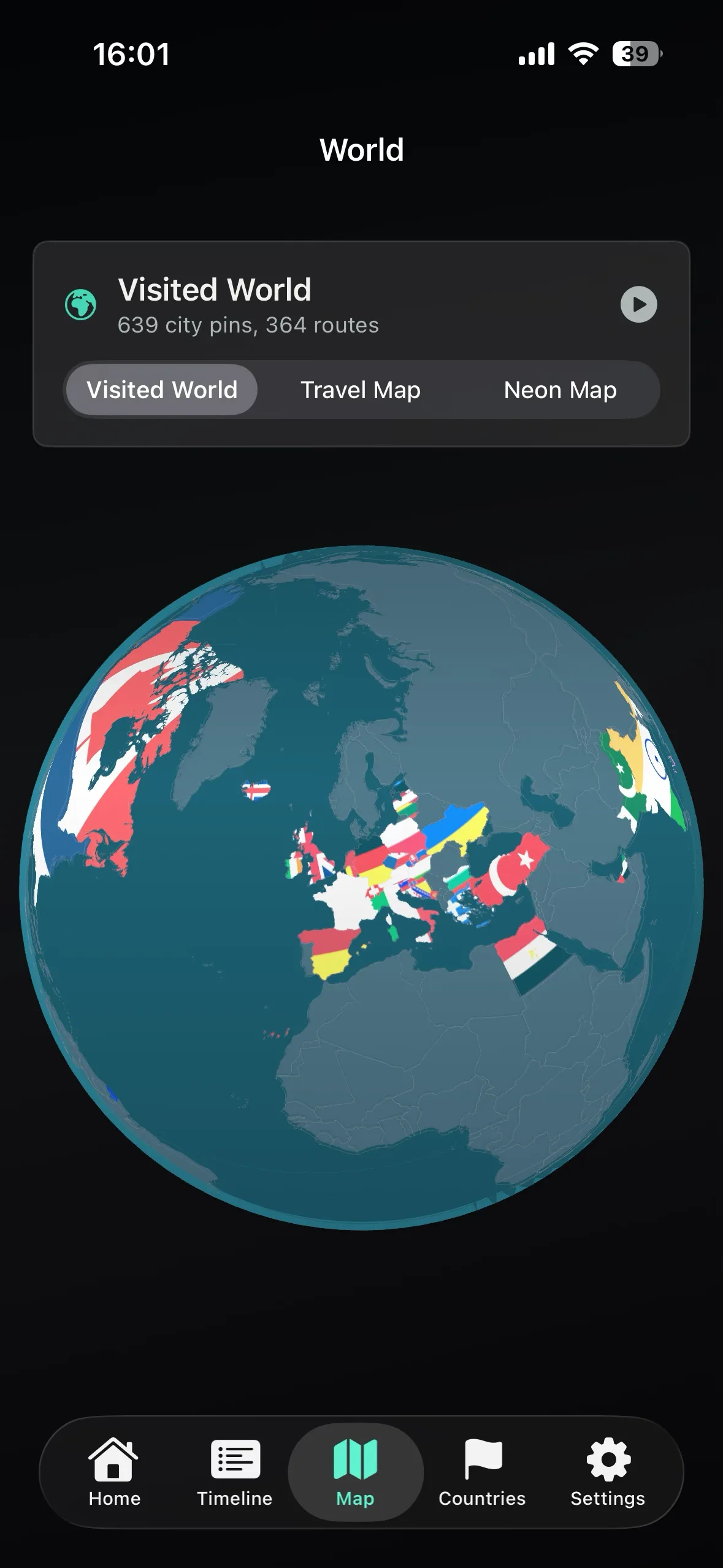 Visited World — globe with country flags filled into European, Indian, and Greenland borders